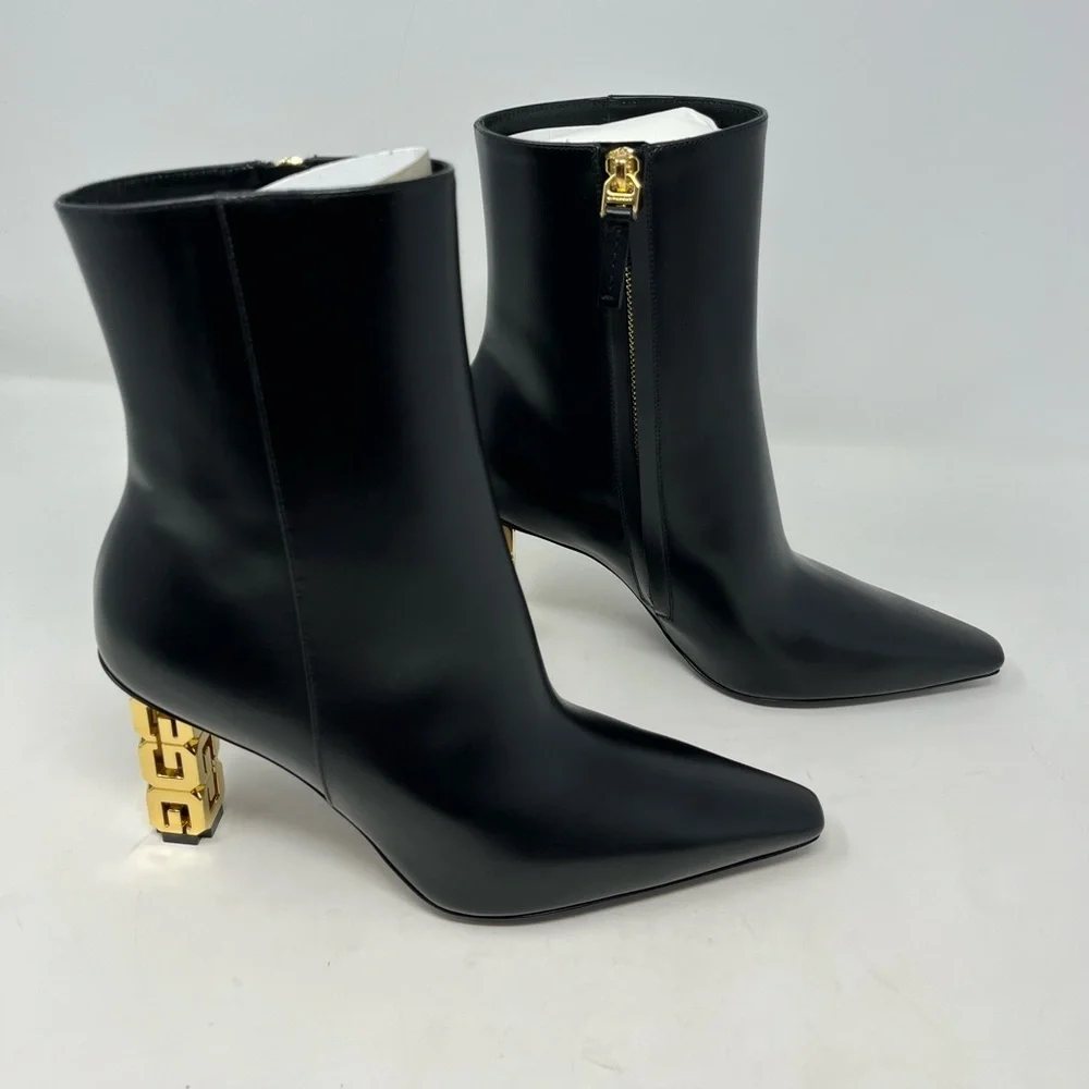 NIB Givenchy G Cube 85 Leather Ankle Boots Pointed Toe Black Gold Heel size 37.5